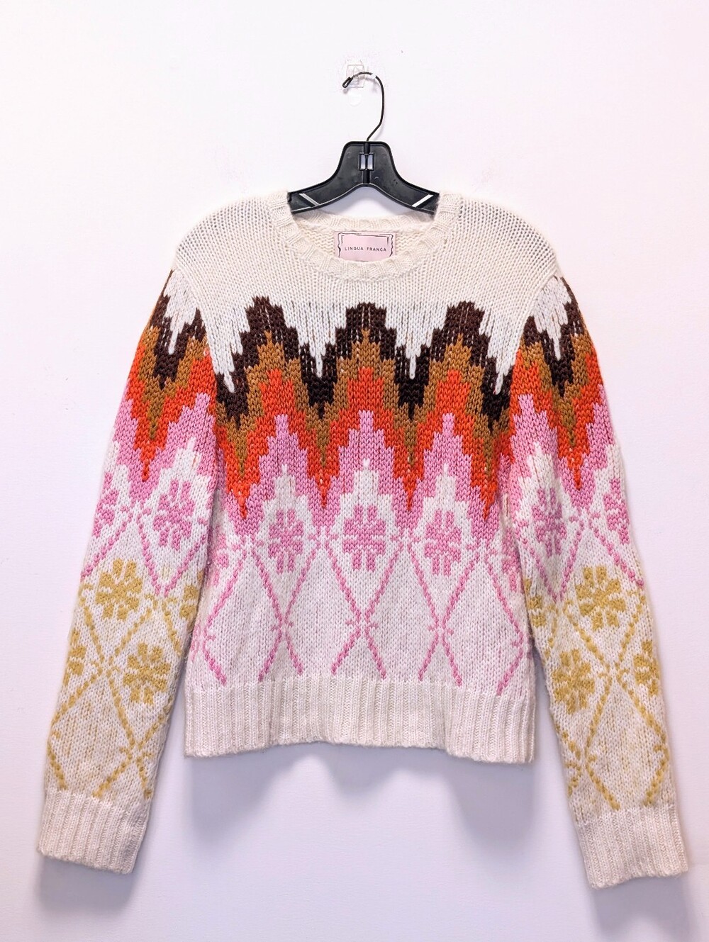Lingua Franca Baby Alpaca Fair Isle Sweater Pink Orange Cream Size S